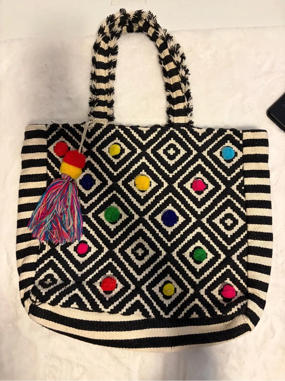 Women’s Black Cream Woven Geometric Tote Bag Colorful Tassel Boho